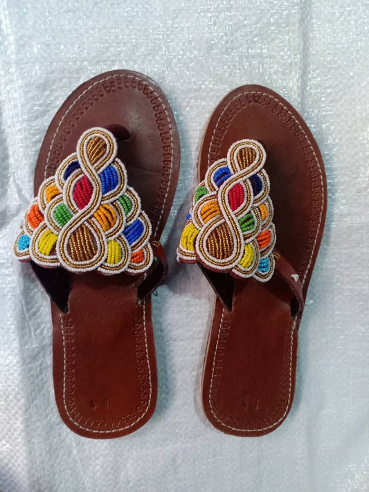 Handmade African Beaded Sandals/Authentic Maasai-Style Leather Flip-Flops Women/Boho Beach Sandals/Comfortable Summer Sandal African Gifts