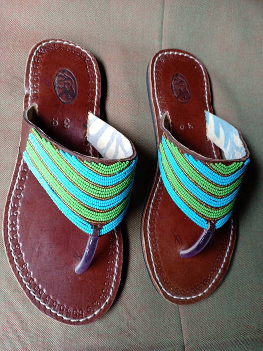 Handmade African Beaded Sandals/Authentic Maasai-Style Leather Flip-Flops Women/Boho Beach Sandals/Comfortable Summer Sandal African Gifts
