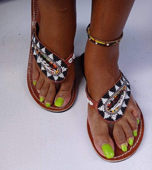 Handmade African Beaded Sandals/Authentic Maasai-Style Leather Flip-Flops Women/Boho Beach Sandals/Comfortable Summer Sandal African Gifts