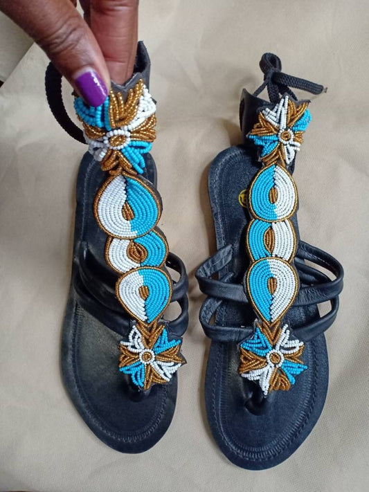 Handmade African Beaded Sandals/Authentic Maasai-Style Leather Flip-Flops Women/Boho Beach Sandals/Comfortable Summer Sandal African Gifts