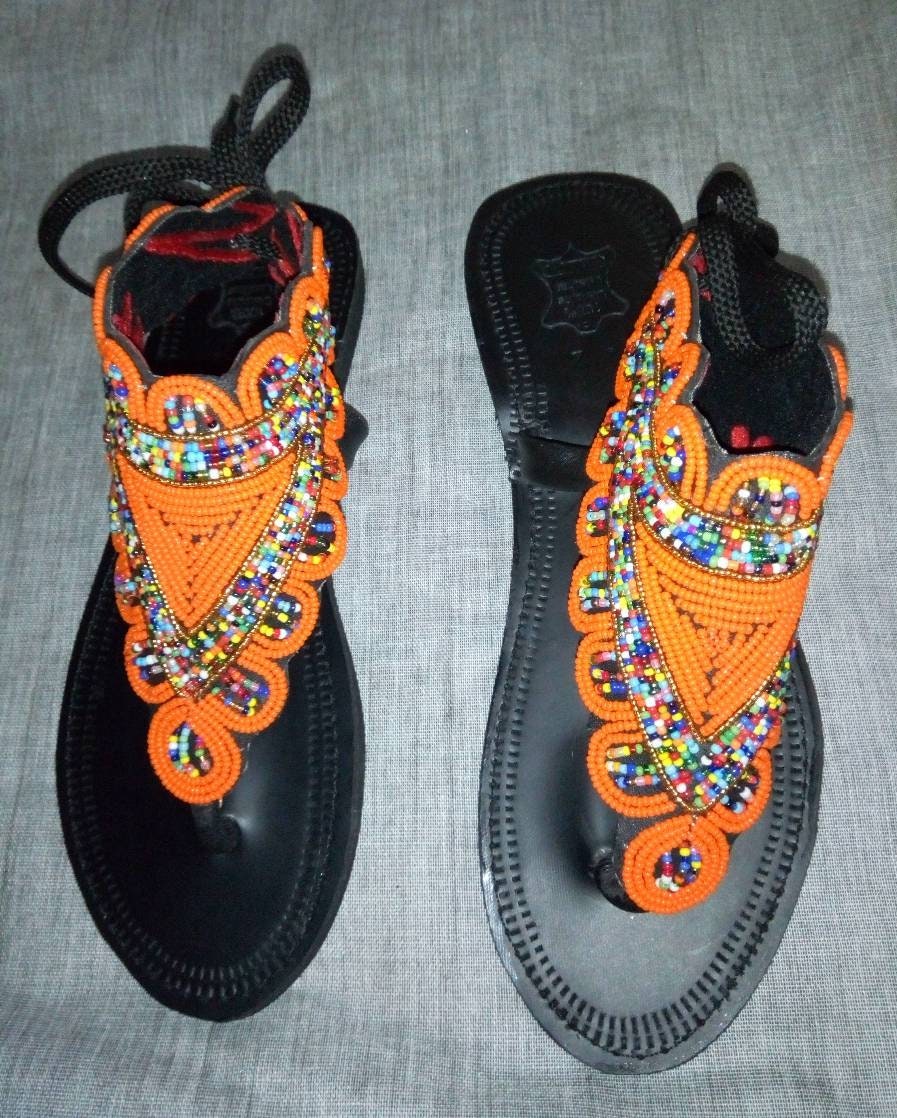 Handmade African Beaded Sandals/Authentic Maasai-Style Leather Flip-Flops Women/Boho Beach Sandals/Comfortable Summer Sandal African Gifts