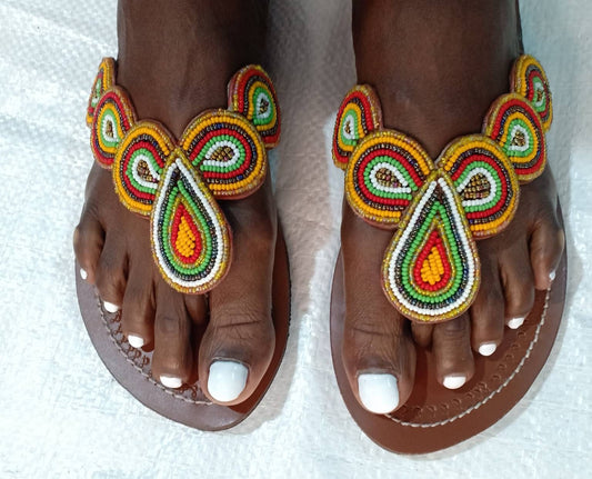 Handmade African Beaded Sandals/Authentic Maasai-Style Leather Flip-Flops Women/Boho Beach Sandals/Comfortable Summer Sandal African Gifts