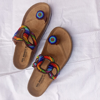 Handmade African Beaded Sandals/Authentic Maasai-Style Leather Flip-Flops Women/Boho Beach Sandals/Comfortable Summer Sandal African Gifts