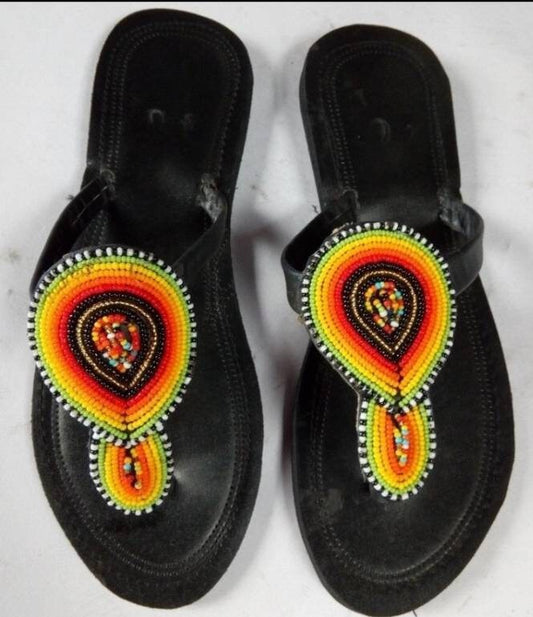 Handmade African Beaded Sandals/Authentic Maasai-Style Leather Flip-Flops Women/Boho Beach Sandals/Comfortable Summer Sandal African Gifts