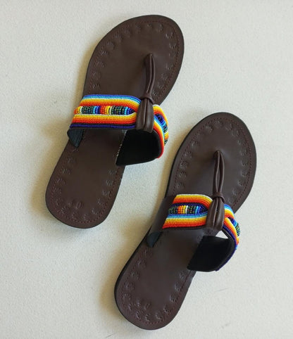 Handmade African Beaded Sandals/Authentic Maasai-Style Leather Flip-Flops Women/Boho Beach Sandals/Comfortable Summer Sandal African Gifts
