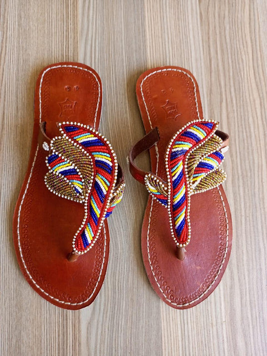 Handmade African Beaded Sandals/Authentic Maasai-Style Leather Flip-Flops Women/Boho Beach Sandals/Comfortable Summer Sandal African Gifts