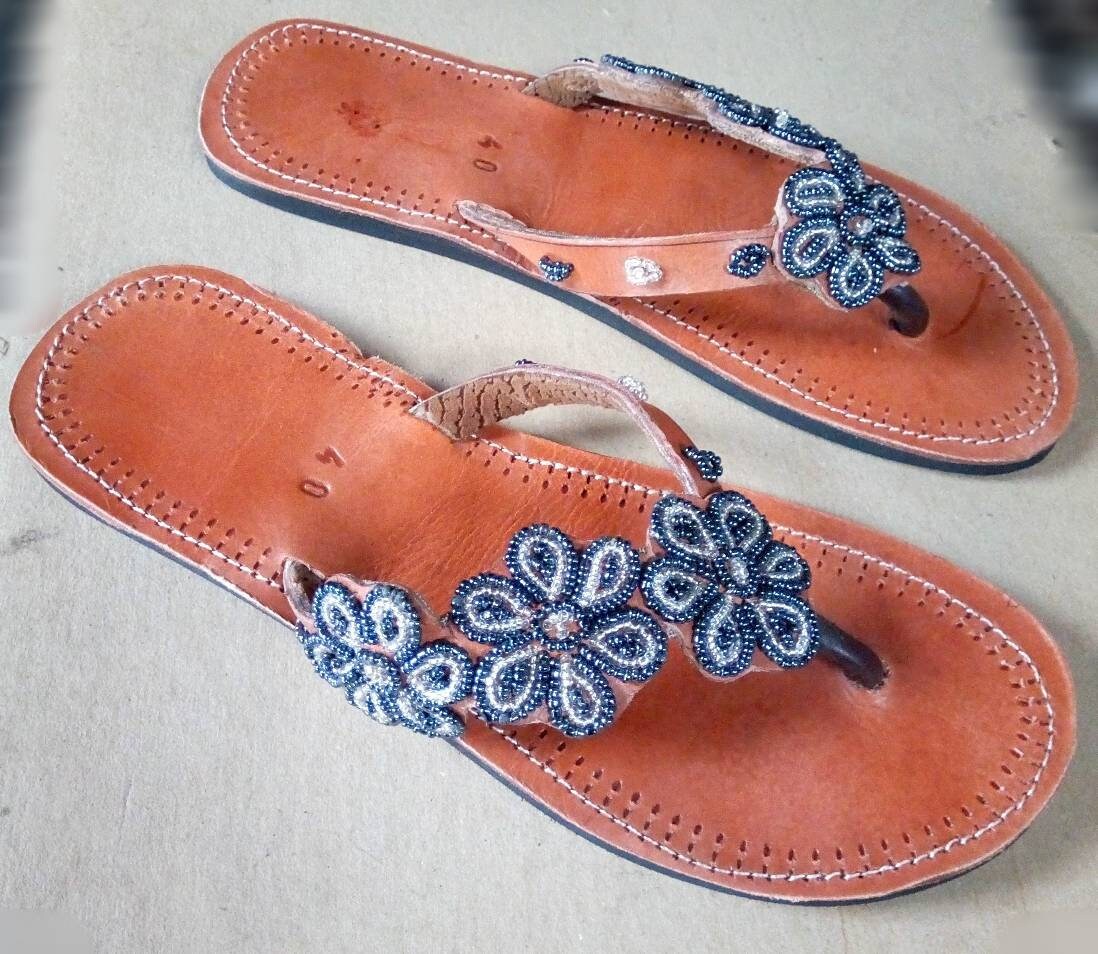 Handmade African Beaded Sandals/Authentic Maasai-Style Leather Flip-Flops Women/Boho Beach Sandals/Comfortable Summer Sandal African Gifts