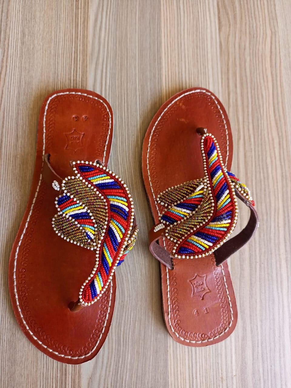 Handmade African Beaded Sandals/Authentic Maasai-Style Leather Flip-Flops Women/Boho Beach Sandals/Comfortable Summer Sandal African Gifts