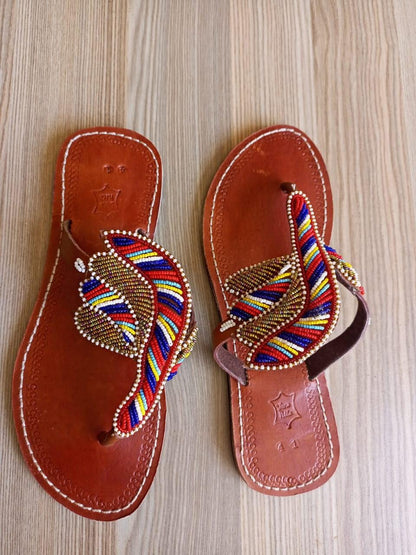 Handmade African Beaded Sandals/Authentic Maasai-Style Leather Flip-Flops Women/Boho Beach Sandals/Comfortable Summer Sandal African Gifts