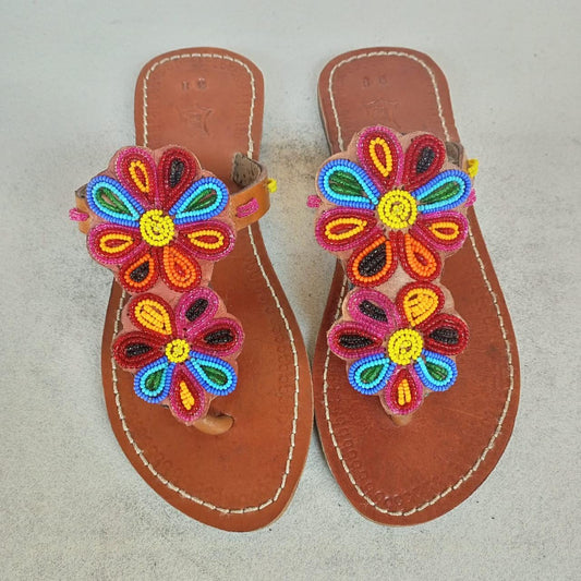 Handmade African Beaded Sandals/Authentic Maasai-Style Leather Flip-Flops Women/Boho Beach Sandals/Comfortable Summer Sandal African Gifts