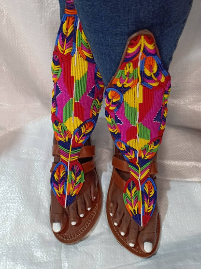 Handmade African Beaded Sandals/Authentic Maasai-Style Leather Flip-Flops Women/Boho Beach Sandals/Comfortable Summer Sandal African Gifts