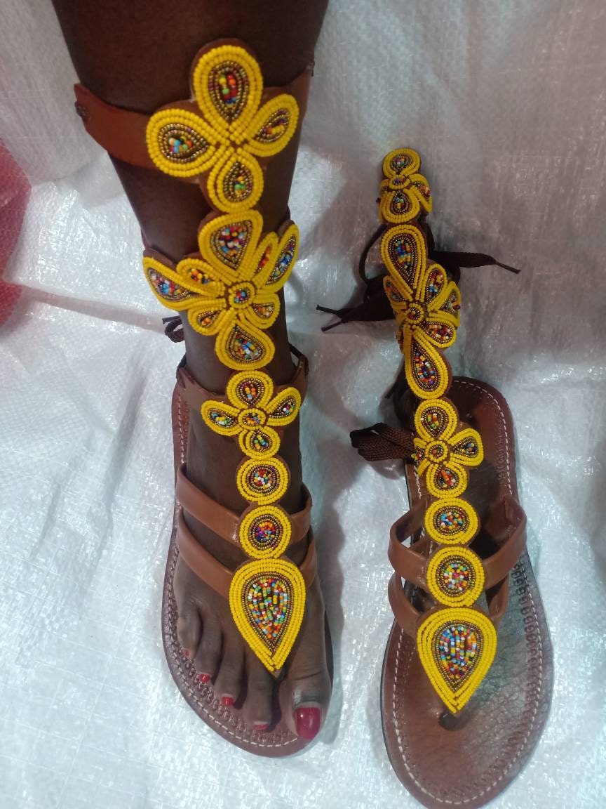 Handmade African Beaded Sandals/Authentic Maasai-Style Leather Flip-Flops Women/Boho Beach Sandals/Comfortable Summer Sandal African Gifts