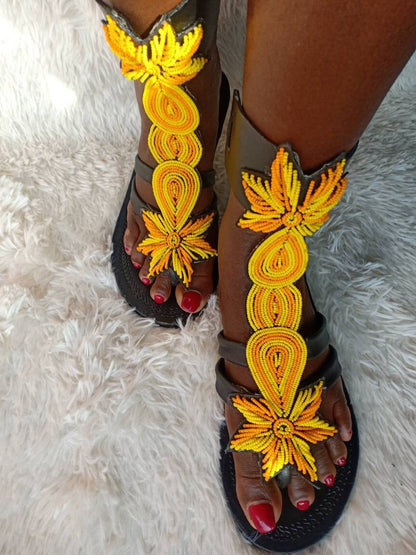 Handmade African Beaded Sandals/Authentic Maasai-Style Leather Flip-Flops Women/Boho Beach Sandals/Comfortable Summer Sandal African Gifts