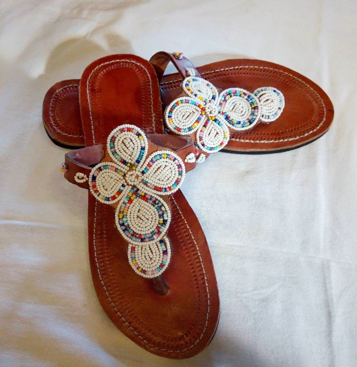 Handmade African Beaded Sandals/Authentic Maasai-Style Leather Flip-Flops Women/Boho Beach Sandals/Comfortable Summer Sandal African Gifts