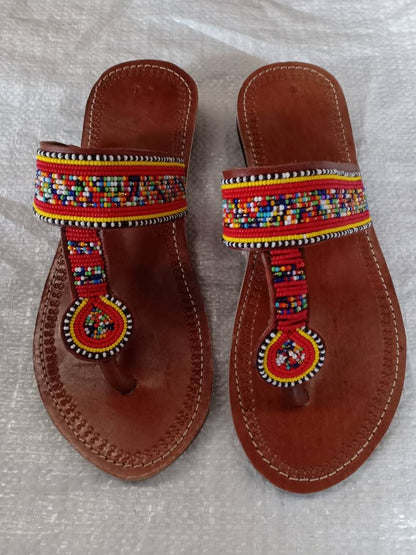 Handmade African Beaded Sandals/Authentic Maasai-Style Leather Flip-Flops Women/Boho Beach Sandals/Comfortable Summer Sandal African Gifts