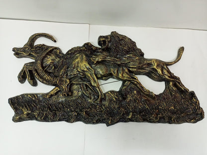 Lion Hunting Scene Wall Art/Handmade Fiber Sculpture/African Wildlife Decor/Unique Animal Art/Nature-Inspired Home Decor/Boho Safari Decor
