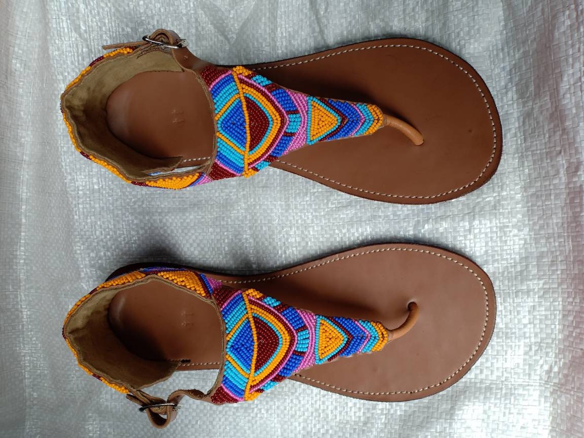 Handmade African Beaded Sandals/Authentic Maasai-Style Leather Flip-Flops Women/Boho Beach Sandals/Comfortable Summer Sandal African Gifts