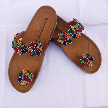 Handmade African Beaded Sandals/Authentic Maasai-Style Leather Flip-Flops Women/Boho Beach Sandals/Comfortable Summer Sandal African Gifts