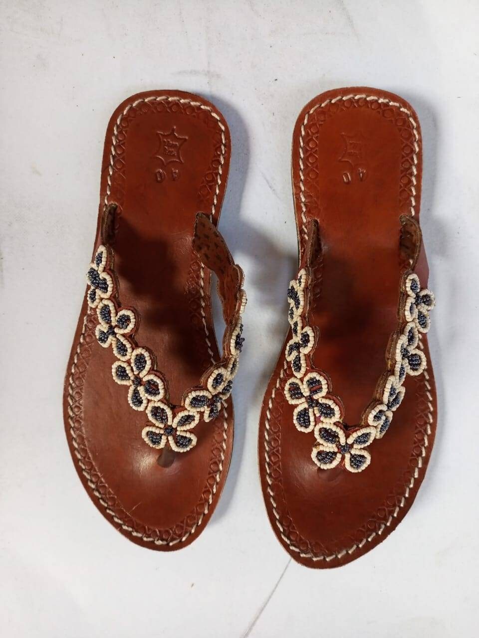 Handmade African Beaded Sandals/Authentic Maasai-Style Leather Flip-Flops Women/Boho Beach Sandals/Comfortable Summer Sandal African Gifts