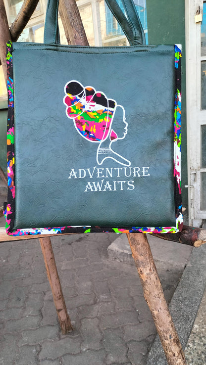Adventure awaits tote,African Leather Tote bag, handcrafted laptop bag,Black woman modern African tote bag, Stylish tote bag,Brown girl bag.