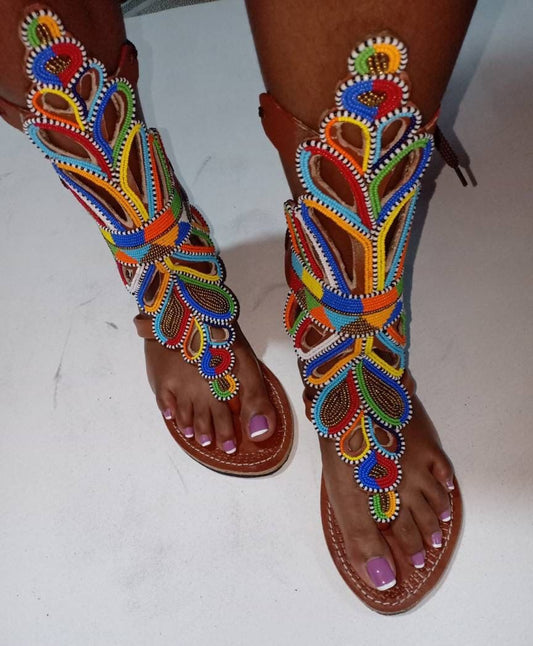 Handmade African Beaded Sandals/Authentic Maasai-Style Leather Flip-Flops Women/Boho Beach Sandals/Comfortable Summer Sandal African Gifts