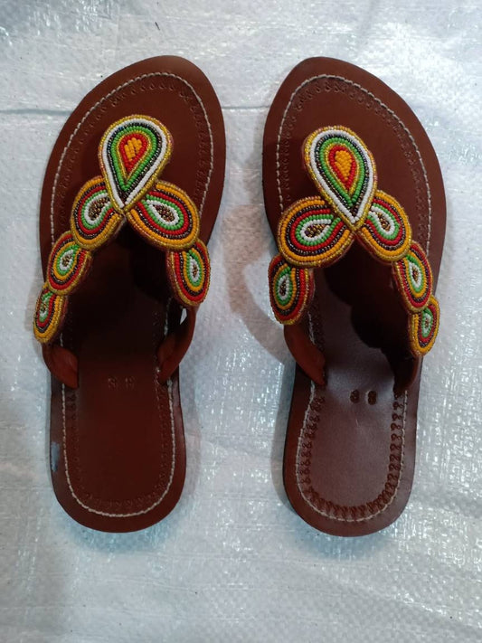 Handmade African Beaded Sandals/Authentic Maasai-Style Leather Flip-Flops Women/Boho Beach Sandals/Comfortable Summer Sandal African Gifts