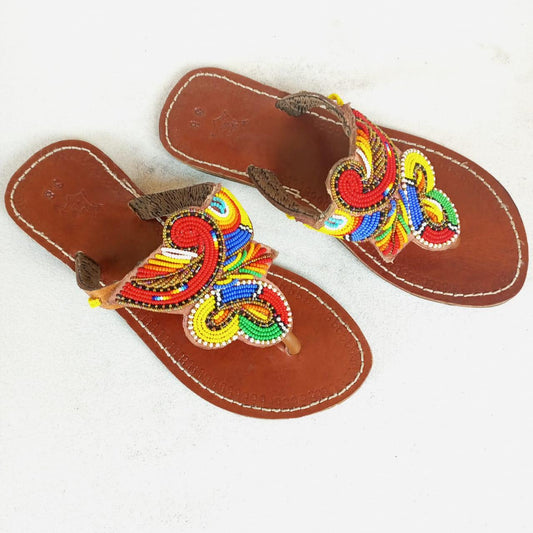 Handmade African Beaded Sandals/Authentic Maasai-Style Leather Flip-Flops Women/Boho Beach Sandals/Comfortable Summer Sandal African Gifts