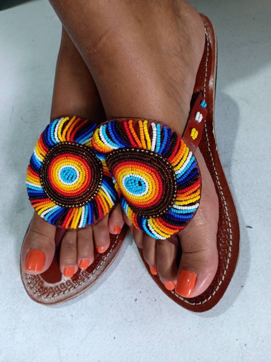 Handmade African Beaded Sandals/Authentic Maasai-Style Leather Flip-Flops Women/Boho Beach Sandals/Comfortable Summer Sandal African Gifts