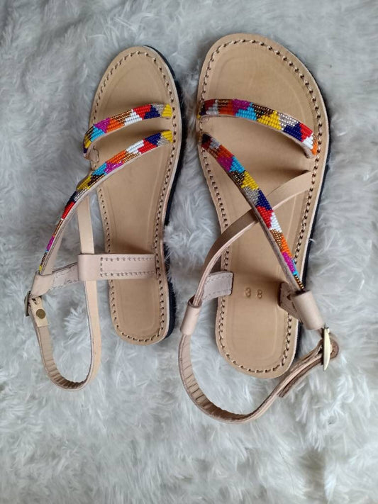 Handmade African Beaded Sandals/Authentic Maasai-Style Leather Flip-Flops Women/Boho Beach Sandals/Comfortable Summer Sandal African Gifts