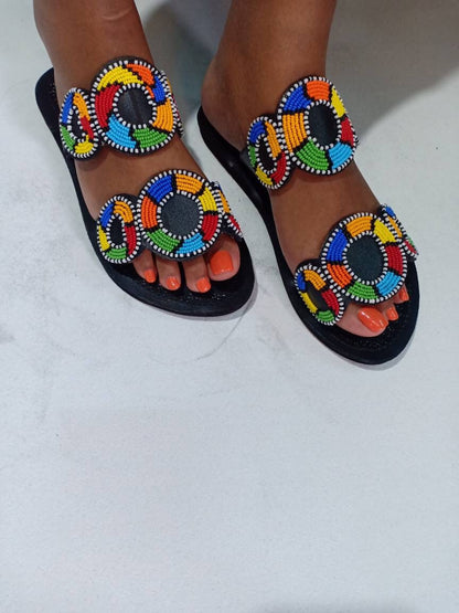 Handmade African Beaded Sandals/Authentic Maasai-Style Leather Flip-Flops Women/Boho Beach Sandals/Comfortable Summer Sandal African Gifts