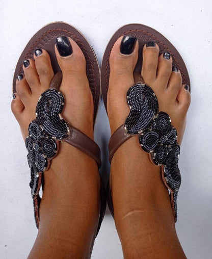 Handmade African Beaded Sandals/Authentic Maasai-Style Leather Flip-Flops Women/Boho Beach Sandals/Comfortable Summer Sandal African Gifts