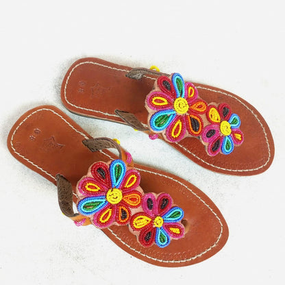 Handmade African Beaded Sandals/Authentic Maasai-Style Leather Flip-Flops Women/Boho Beach Sandals/Comfortable Summer Sandal African Gifts
