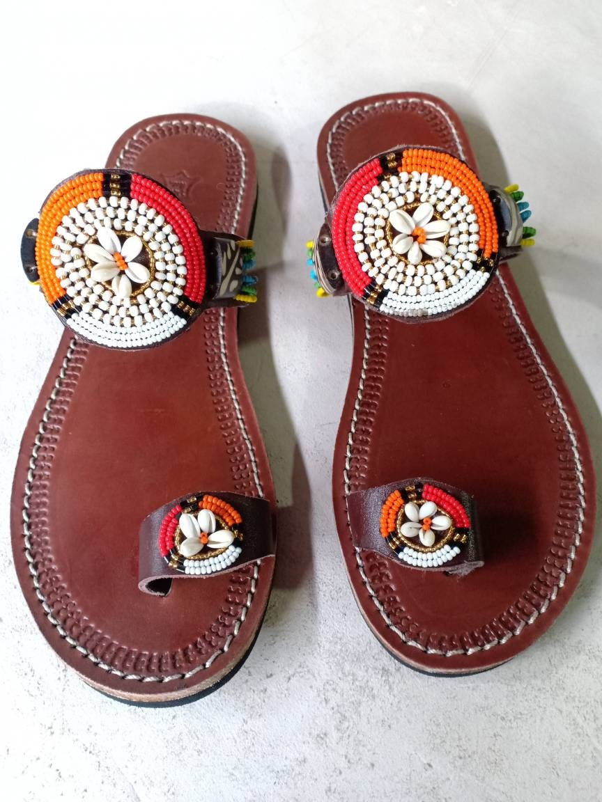 Handmade African Beaded Sandals/Authentic Maasai-Style Leather Flip-Flops Women/Boho Beach Sandals/Comfortable Summer Sandal African Gifts