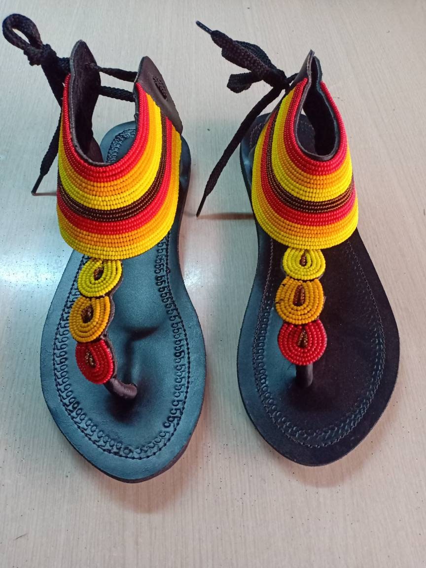 Handmade African Beaded Sandals/Authentic Maasai-Style Leather Flip-Flops Women/Boho Beach Sandals/Comfortable Summer Sandal African Gifts