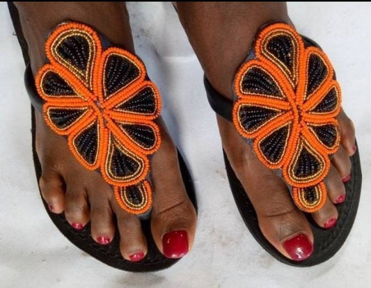 Handmade African Beaded Sandals/Authentic Maasai-Style Leather Flip-Flops Women/Boho Beach Sandals/Comfortable Summer Sandal African Gifts
