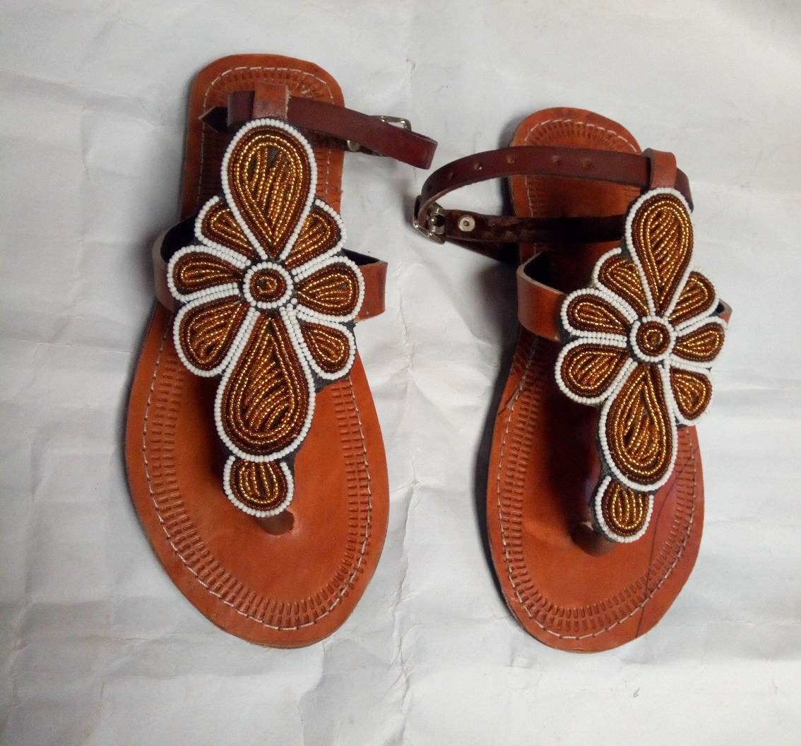 Handmade African Beaded Sandals/Authentic Maasai-Style Leather Flip-Flops Women/Boho Beach Sandals/Comfortable Summer Sandal African Gifts