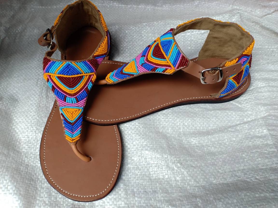 Handmade African Beaded Sandals/Authentic Maasai-Style Leather Flip-Flops Women/Boho Beach Sandals/Comfortable Summer Sandal African Gifts