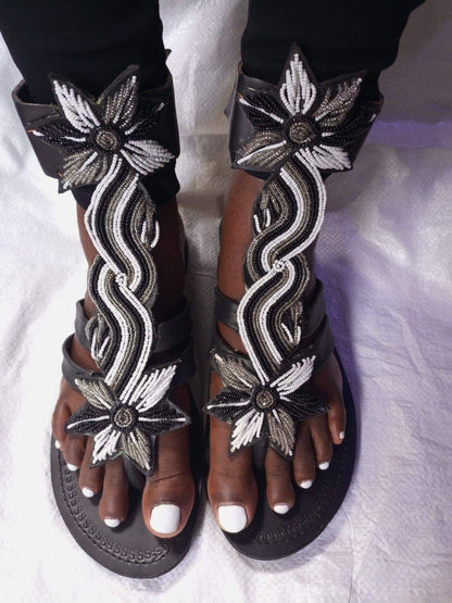 Handmade African Beaded Sandals/Authentic Maasai-Style Leather Flip-Flops Women/Boho Beach Sandals/Comfortable Summer Sandal African Gifts