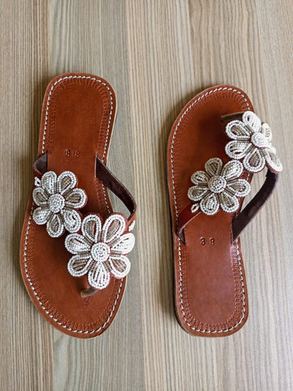 Handmade African Beaded Sandals/Authentic Maasai-Style Leather Flip-Flops Women/Boho Beach Sandals/Comfortable Summer Sandal African Gifts