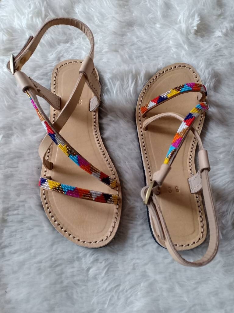 Handmade African Beaded Sandals/Authentic Maasai-Style Leather Flip-Flops Women/Boho Beach Sandals/Comfortable Summer Sandal African Gifts
