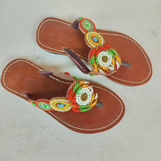 Handmade African Beaded Sandals/Authentic Maasai-Style Leather Flip-Flops Women/Boho Beach Sandals/Comfortable Summer Sandal African Gifts