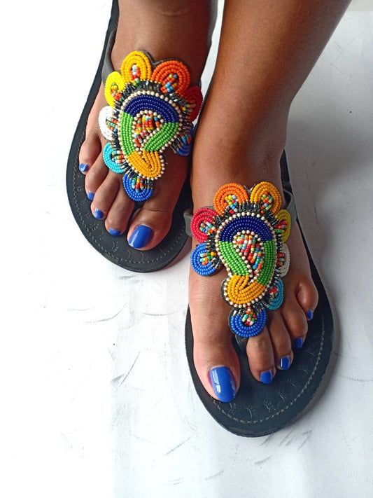 Handmade African Beaded Sandals/Authentic Maasai-Style Leather Flip-Flops Women/Boho Beach Sandals/Comfortable Summer Sandal African Gifts