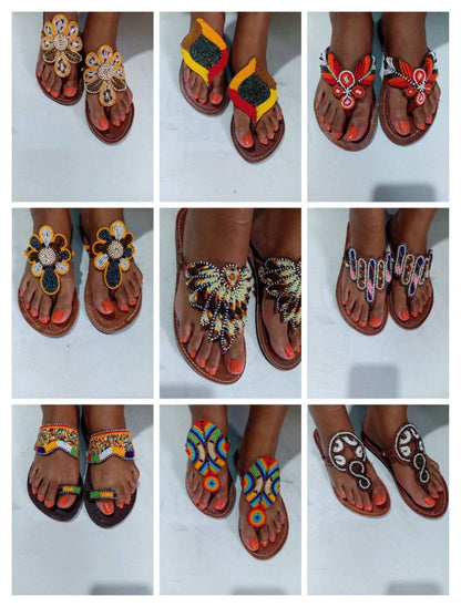 Handmade African Beaded Sandals/Authentic Maasai-Style Leather Flip-Flops Women/Boho Beach Sandals/Comfortable Summer Sandal African Gifts