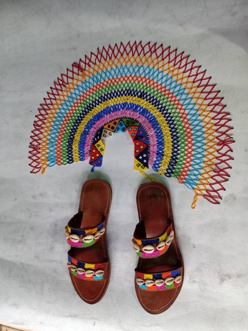 Handmade African Beaded Sandals/Authentic Maasai-Style Leather Flip-Flops Women/Boho Beach Sandals/Comfortable Summer Sandal African Gifts