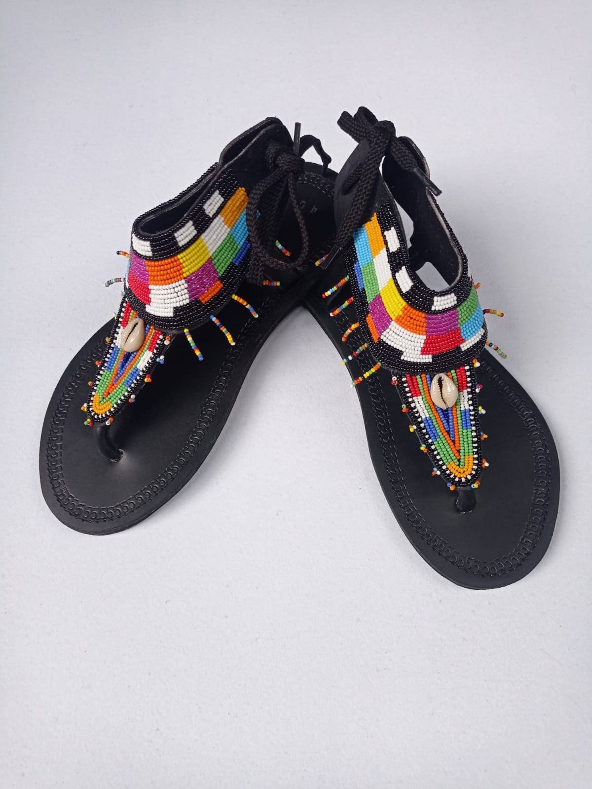 Handmade African Beaded Sandals/Authentic Maasai-Style Leather Flip-Flops Women/Boho Beach Sandals/Comfortable Summer Sandal African Gifts