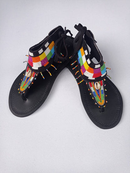 Handmade African Beaded Sandals/Authentic Maasai-Style Leather Flip-Flops Women/Boho Beach Sandals/Comfortable Summer Sandal African Gifts