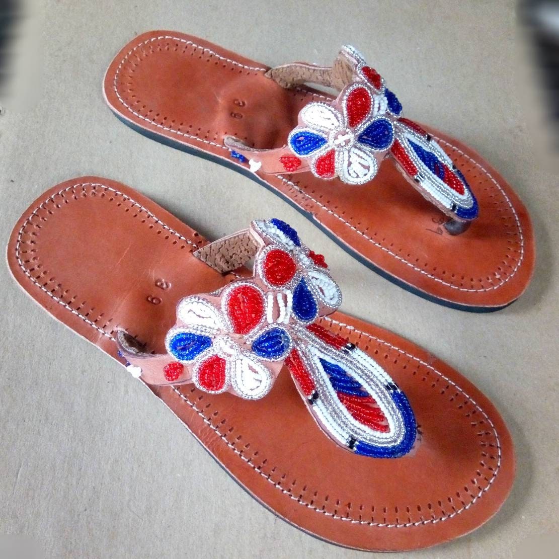 Handmade African Beaded Sandals/Authentic Maasai-Style Leather Flip-Flops Women/Boho Beach Sandals/Comfortable Summer Sandal African Gifts