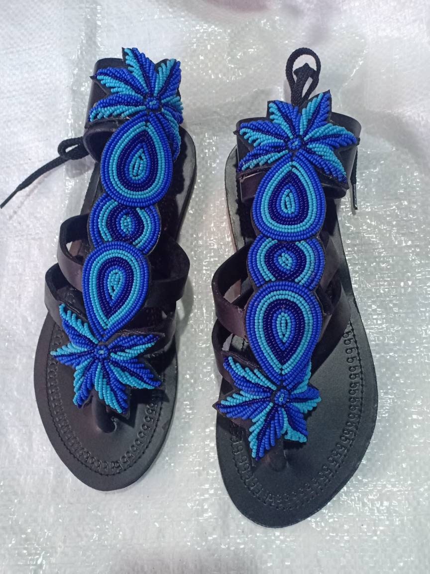 Gladiator Beaded Sandals/Authentic Maasai-Style Leather Flip-Flops Women/Boho Beach Sandals/Comfortable Summer Sandal African Gifts