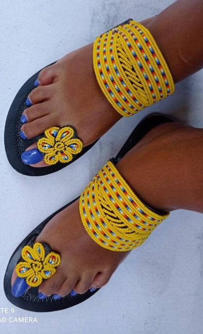 Handmade African Beaded Sandals/Authentic Maasai-Style Leather Flip-Flops Women/Boho Beach Sandals/Comfortable Summer Sandal African Gifts