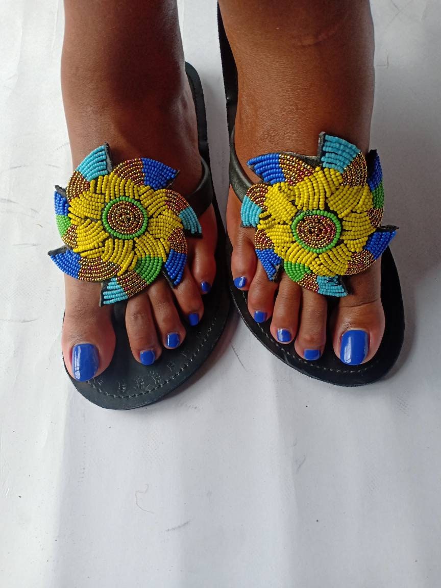 Handmade African Beaded Sandals/Authentic Maasai-Style Leather Flip-Flops Women/Boho Beach Sandals/Comfortable Summer Sandal African Gifts